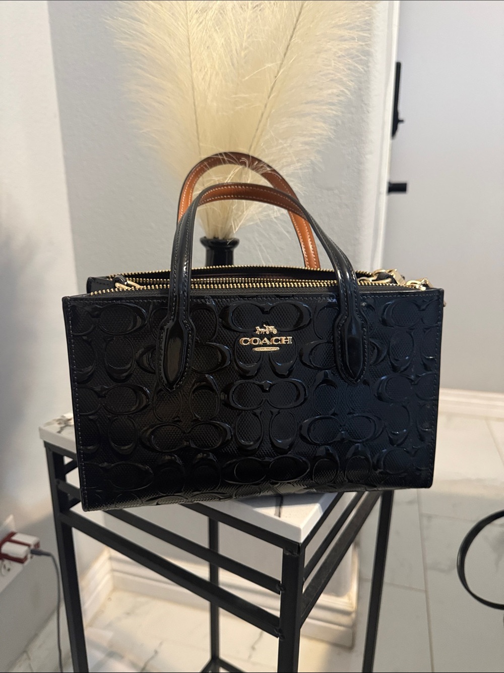 Coach Black Patent Signature Mini Satchel with Brown Handles